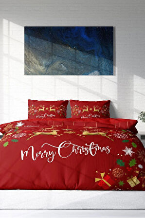 Yılbaşı Süsü Merry Christmas Çift Kişilik 3d Nevresim Takımı Pamuk Saten