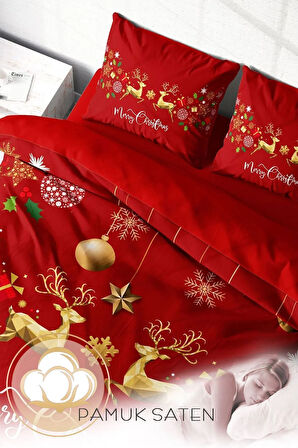 Yılbaşı Nevresim Takım %100 Doğal Pamuk Merry Christmas Çift Kişilik Deer