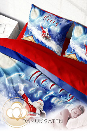 Yılbaşı Nevresim Takım %100 Doğal Pamuk Merry Christmas Çift Kişilik Blue