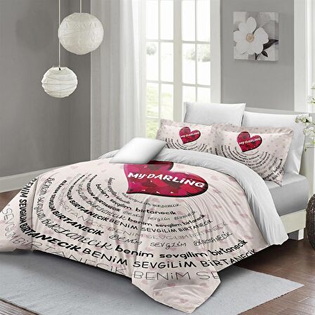 MONOHOME Sevgililer Günü Çift Kişilik Nevresim Takımı %100 Pamuk Saten My Darling Beyaz