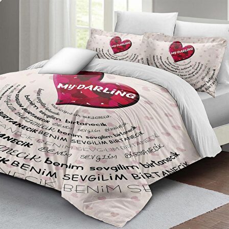 MONOHOME Sevgililer Günü Çift Kişilik Nevresim Takımı %100 Pamuk Saten My Darling Beyaz