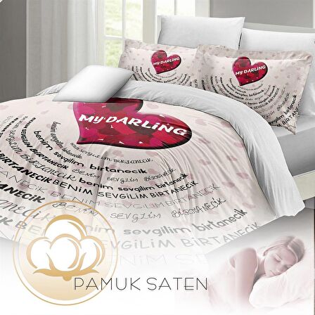 MONOHOME Sevgililer Günü Çift Kişilik Nevresim Takımı %100 Pamuk Saten My Darling Beyaz