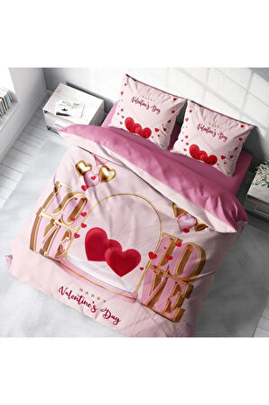 Sevgililer Günü Pamuk Saten Çift Kişilik Nevresim Takımı Happy Valentine's Day