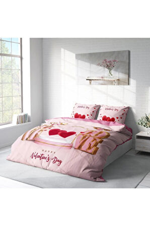 Sevgililer Günü Pamuk Saten Çift Kişilik Nevresim Takımı Happy Valentine's Day
