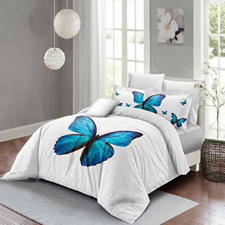 Monohome Blue Butterfly 3D Temalı Pamuk Saten Çift Kişilik Nevresim Takımı