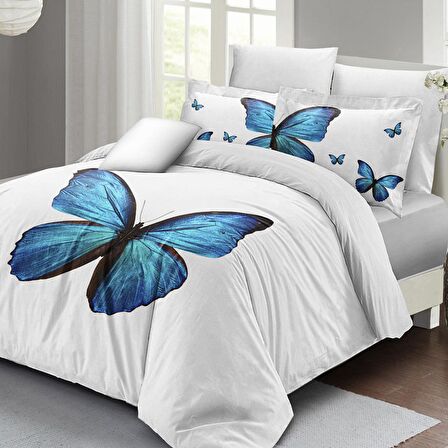 Monohome Blue Butterfly 3D Temalı Pamuk Saten Çift Kişilik Nevresim Takımı