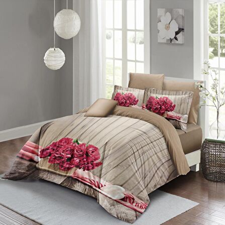 Monohome Pink Flowers 3D Temalı Pamuk Saten Çift Kişilik Nevresim Takımı