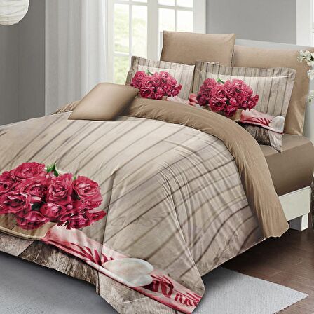 Monohome Pink Flowers 3D Temalı Pamuk Saten Çift Kişilik Nevresim Takımı