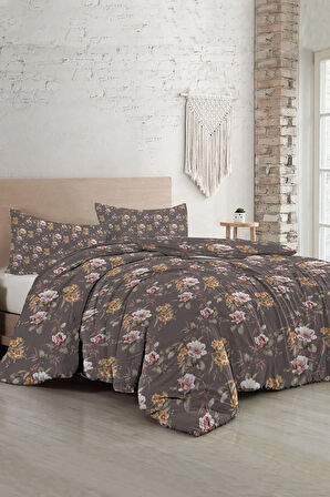 Retro Flowers Luxury Çift Kişilik Pamuk Saten Nevresim Takımı