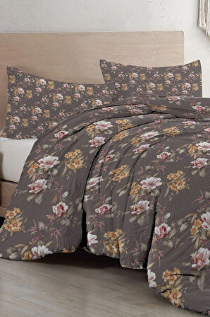 Retro Flowers Luxury Çift Kişilik Pamuk Saten Nevresim Takımı