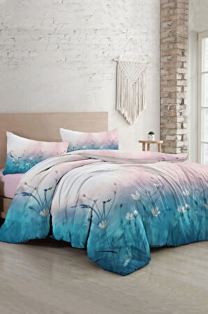 Soft Blue Luxury Çift Kişilik Pamuk Saten Nevresim Takımı