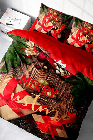 Yılbaşı Merry Christmas Çift Kişilik 3d Nevresim Takımı Pamuk Saten Gift