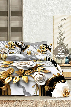 %100 PAMUK Ranforce Çeyizlik Luxury 5D Dijital Çift Kişilik Nevresim Takımı Aurum