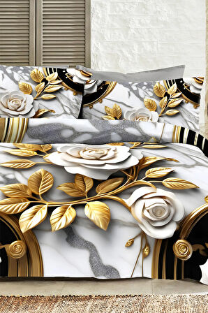 %100 PAMUK Ranforce Çeyizlik Luxury 5D Dijital Çift Kişilik Nevresim Takımı Aurum