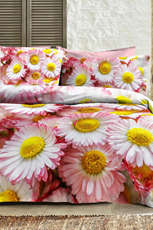 %100 Pamuk Ranforce Çeyizlik Luxury 5D Dijital Çift Kişilik Nevresim Takımı Papatya