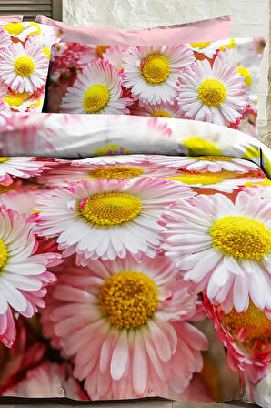 %100 Pamuk Ranforce Çeyizlik Luxury 5D Dijital Çift Kişilik Nevresim Takımı Papatya