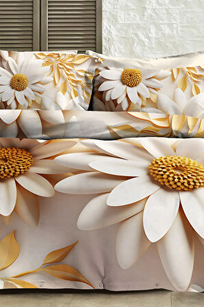 Çift Kişilik Nevresim 3D Tasarım %100 Pamuk Oeko-tex®Sertifikalı Özel Dokuma Papatya