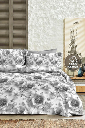 %100 PAMUK Ranforce Çeyizlik Luxury 5D Dijital Çift Kişilik Nevresim Takımı Gümüş