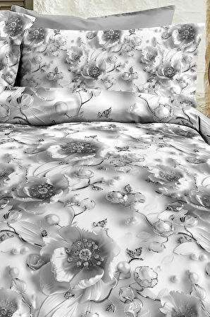 %100 PAMUK Ranforce Çeyizlik Luxury 5D Dijital Çift Kişilik Nevresim Takımı Gümüş