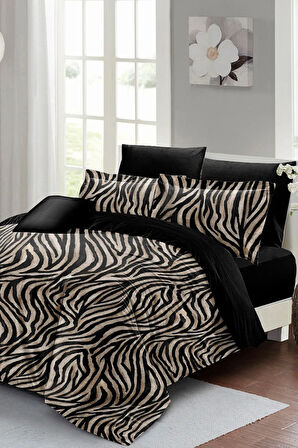 Çift Kişilik Nevresim Takımı Sık Dokuma Pamuk Saten 3d Özel Tasarım Black Zebra