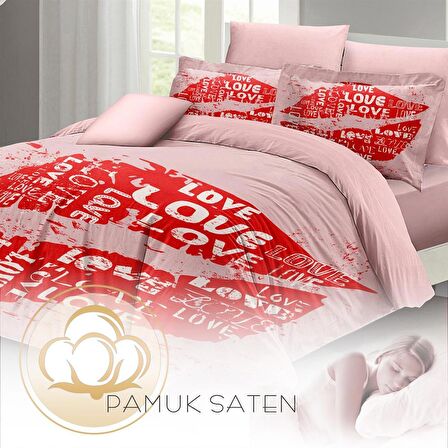 MONOHOME Sevgililer Günü Çift Kişilik Nevresim Takımı %100 Pamuk Saten Kiss