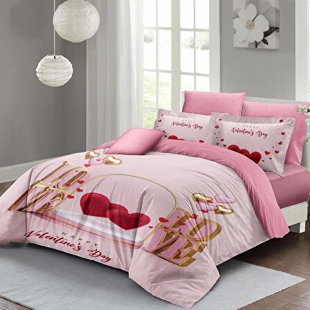 MONOHOME Sevgililer Günü Çift Kişilik Nevresim Takımı %100 Pamuk Saten Happy Valentine's Day