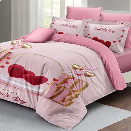 MONOHOME Sevgililer Günü Çift Kişilik Nevresim Takımı %100 Pamuk Saten Happy Valentine's Day