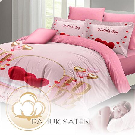 MONOHOME Sevgililer Günü Çift Kişilik Nevresim Takımı %100 Pamuk Saten Happy Valentine's Day