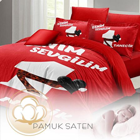 MONOHOME Sevgililer Günü Çift Kişilik Nevresim Takımı %100 Pamuk Saten Bitanecik Sevgilim Kırmızı