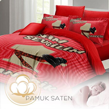 MONOHOME Sevgililer Günü Çift Kişilik Nevresim Takımı %100 Pamuk Saten Bitanecik Sevgilim Kırmızı Bej