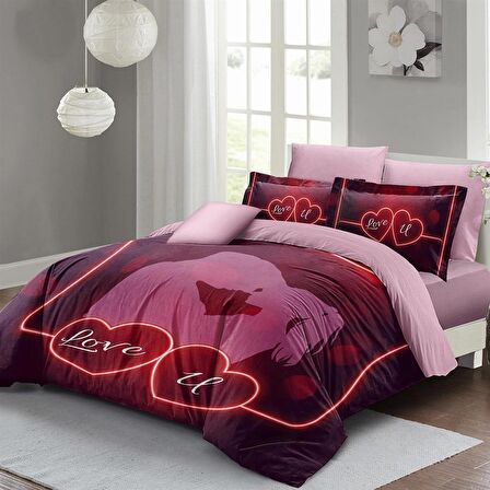 MONOHOME Sevgililer Günü Çift Kişilik Nevresim Takımı %100 Pamuk Saten Love U