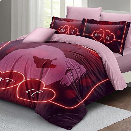 MONOHOME Sevgililer Günü Çift Kişilik Nevresim Takımı %100 Pamuk Saten Love U