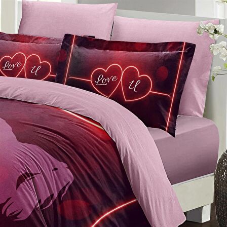 MONOHOME Sevgililer Günü Çift Kişilik Nevresim Takımı %100 Pamuk Saten Love U