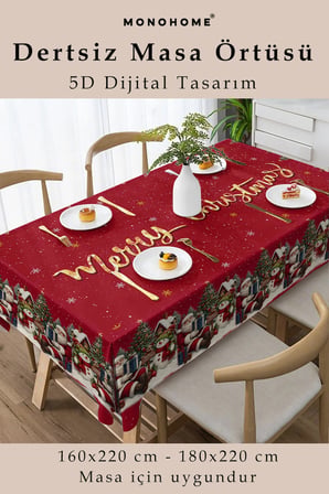 Christmas Masa örtüsü Yılbaşı- 5D Dijital Tasarım Özel Dokuma Merry Christmas Red