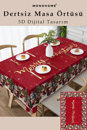 Christmas Masa örtüsü Yılbaşı- 5D Dijital Tasarım Özel Dokuma Merry Christmas Red