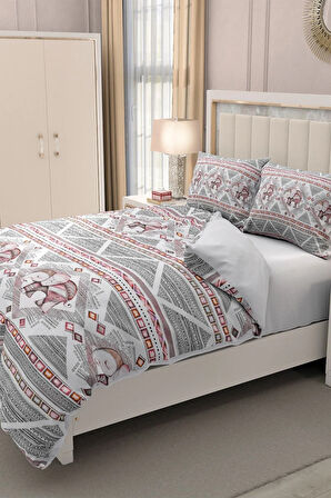 Lastikli Çarşaflı %100 Pamuk Saten Çift Kişilik Nevresim Takımı 3d Filli Desen