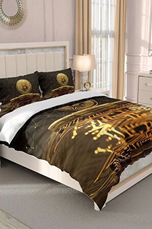 Lastikli Çarşaflı %100 Pamuk Saten Çift Kişilik Nevresim Takımı 3d Bitcoin Kahve