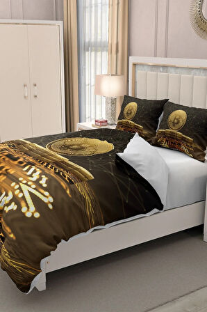 Lastikli Çarşaflı %100 Pamuk Saten Çift Kişilik Nevresim Takımı 3d Bitcoin Kahve