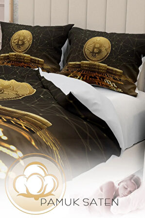 Lastikli Çarşaflı %100 Pamuk Saten Çift Kişilik Nevresim Takımı 3d Bitcoin Kahve