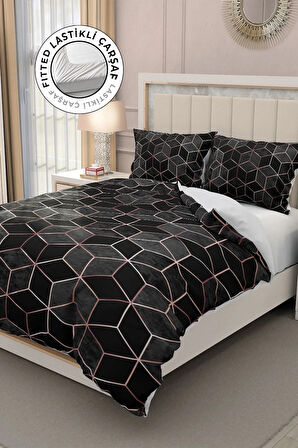 Lastikli Çarşaflı %100 Pamuk Saten Çift Kişilik Nevresim Takımı 3d Siyah Modern