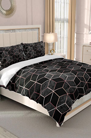 Lastikli Çarşaflı %100 Pamuk Saten Çift Kişilik Nevresim Takımı 3d Siyah Modern