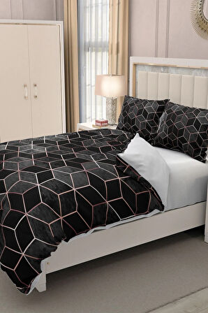 Lastikli Çarşaflı %100 Pamuk Saten Çift Kişilik Nevresim Takımı 3d Siyah Modern