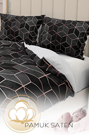 Lastikli Çarşaflı %100 Pamuk Saten Çift Kişilik Nevresim Takımı 3d Siyah Modern