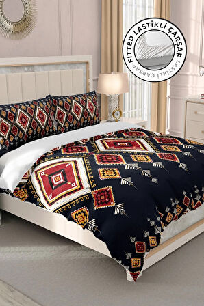 Lastikli Çarşaflı %100 Pamuk Saten Çift Kişilik Nevresim Takımı 3d Etnik Mandala