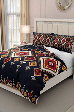 Lastikli Çarşaflı %100 Pamuk Saten Çift Kişilik Nevresim Takımı 3d Etnik Mandala