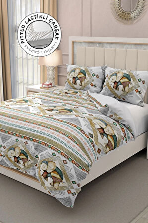 Lastikli Çarşaflı %100 Pamuk Saten Çift Kişilik Nevresim Takımı 3d Fil Desenli