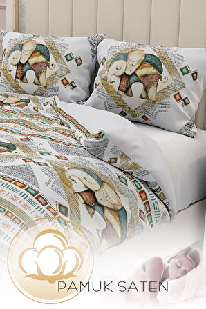 Lastikli Çarşaflı %100 Pamuk Saten Çift Kişilik Nevresim Takımı 3d Fil Desenli