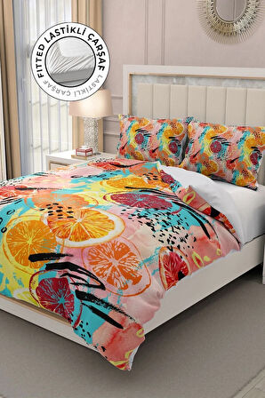Çift Kişilik ( Lastikli Çarşaflı ) %100 Pamuk Saten Nevresim Takımı 3d Orange