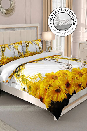 Lastikli Çarşaflı %100 Pamuk Saten Çift Kişilik Nevresim Takımı Yellow Daisy