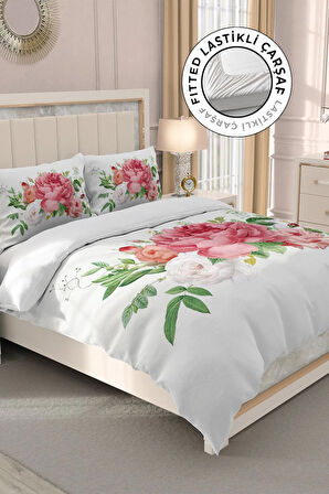 Lastikli Çarşaflı %100 Pamuk Saten Çift Kişilik Nevresim Takımı New Floral